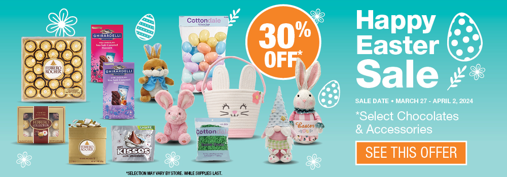 Happy Easter Sale. Select accessories 30% off. March 20 to 25. Click to see this offer