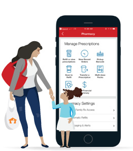 Mother and daughter Navarro shopper graphics overlaid to large CVS prescription management app view on smartphone.