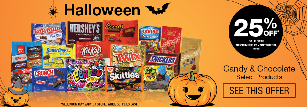 Halloween candy and chocolate. 25% Off select products. September 27 to October 3. Click to see this offer