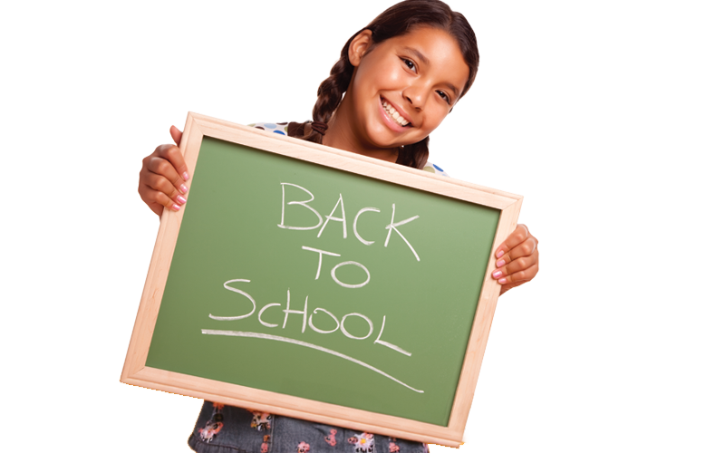 Girl holding a small blackboard with back to school written on it